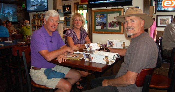 Pagosa housing workgroup volunteers Peter Adams (left) and Jack Searle (right) enjoy a Breckenridge lunch with Summit Combined Housing Authority's Executive Director Jennifer Kermode, June 2016.