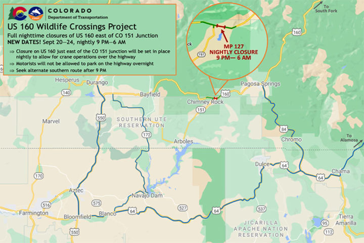 Night Closures of Highway 160 Start Tonight