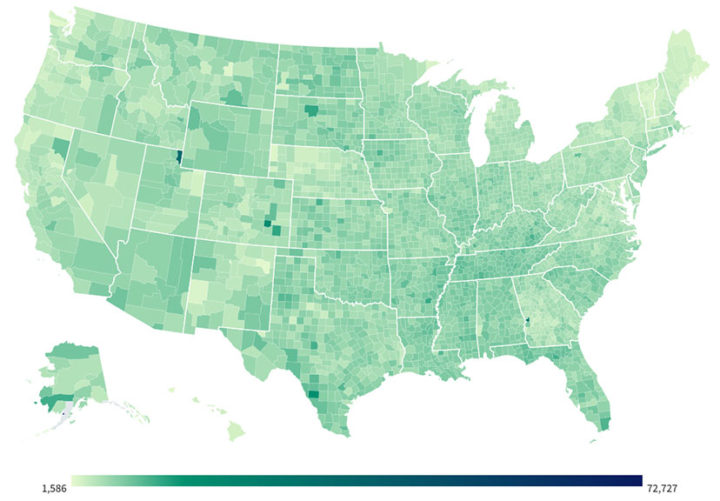 Covid Cases per 100,000 population, by county