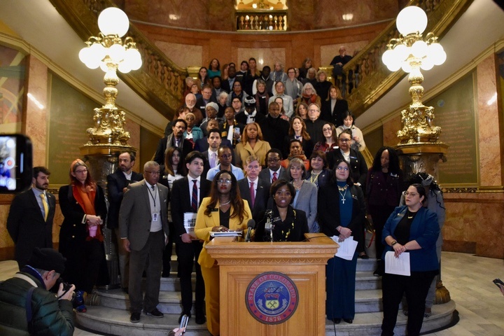 
Democratic Colorado state Reps. Naquetta Ricks of Aurora, center left, and Junie Joseph of Boulder, center right, lead a press conference to speak out against President Donald Trump’s mass deportation agenda at the state Capitol on Jan. 22, 2025. (Chase Woodruff/Colorado Newsline)