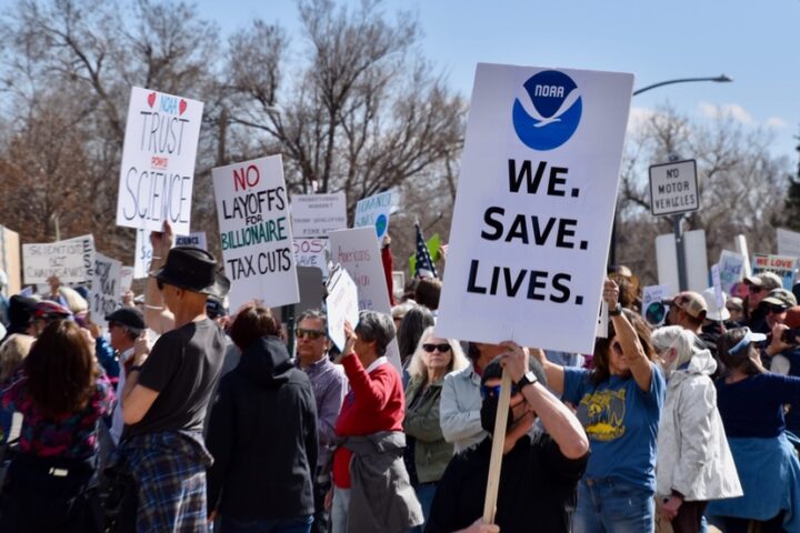 Crowd protests DOGE layoffs at Boulder NOAA campus