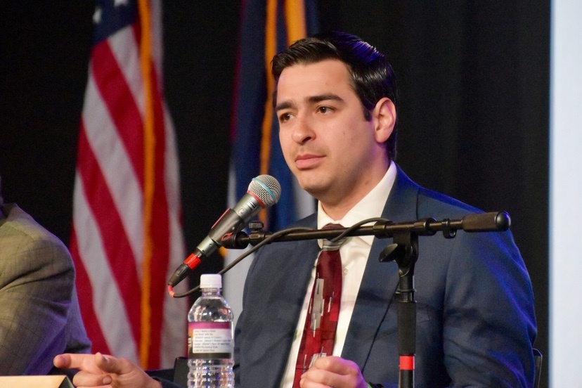 Rep. Gabe Evans of Fort Lupton participates in an 8th District Republican primary debate at the Grizzly Rose in Denver on June 1, 2024. (Chase Woodruff/Colorado Newsline)