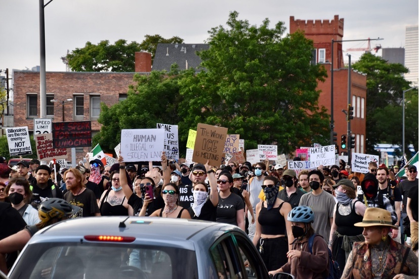 Anti-ICE demonstrators marched through the streets of Denver after a rally at the Colorado Capitol on June 10, 2025. (Chase Woodruff/Colorado Newsline)