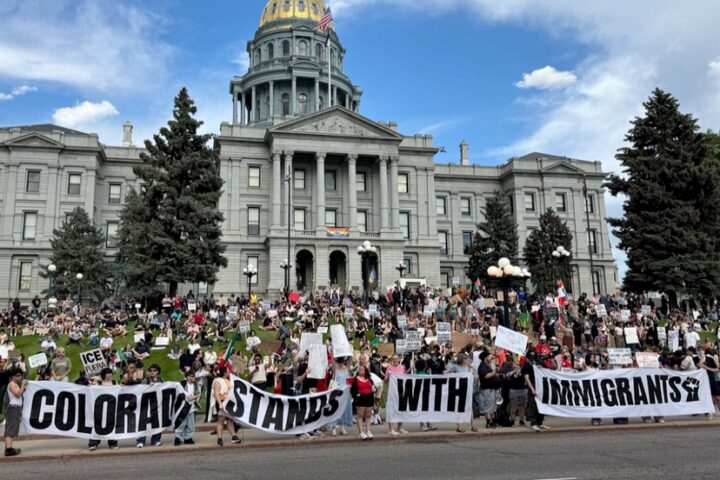 Demonstrators rally at the Colorado Capitol against the Trump administration’s immigration enforcement policies, on June 10, 2025. (Chase Woodruff/Colorado Newsline)